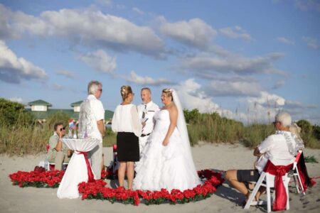 Simple Beach Wedding Ceremony in Florida with Red Rose Heart in the Sand
