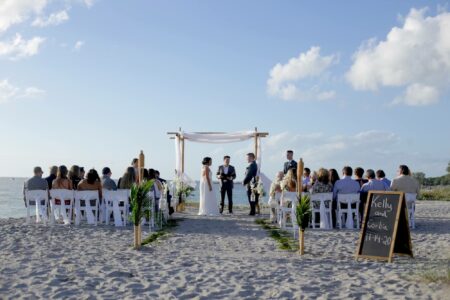 Bamboo Wedding Arch with White Draped Fabric - Florida Beach Destination Weddings