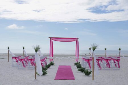 Bright Pink Florida Beach Wedding Ceremony Design | Destination Wedding