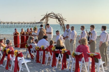 Sunflowers and Red Wedding on Florida Beach | Autumn Beach Wedding Vibes with Natural Branch Arch