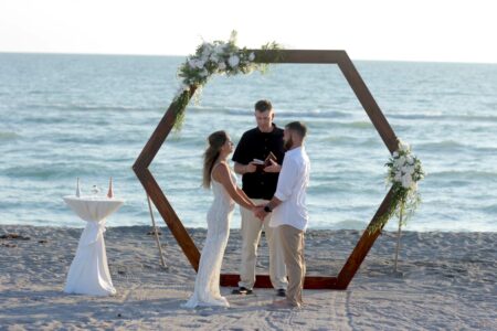 Modern Bohemian Wooden Hexagon Backdrop Frame for Beach Wedding in Florida