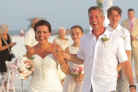 Bride and Groom Walking Down the Aisle at Florida Beach Wedding Ceremony