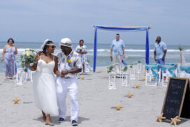 Blue Beach Wedding with Bride and Groom