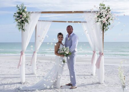 Elegant White Floral Florida Beach Wedding Ceremony Arbor | Sarasota, Florida