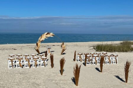 Autumn Beach Wedding Inspiration with Pampas Grass Circular Backdrop | Florida Destination Wedding