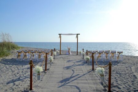 Elegant Boho wooden beach wedding ceremony design
