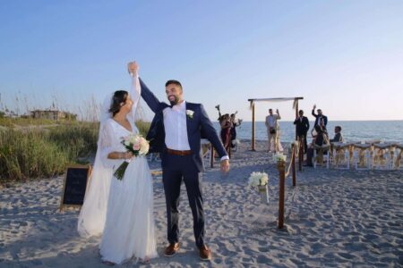 Boho Wooden Affordable Beach Wedding Ceremony Design in Florida | Happy Bride and Groom