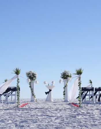 Simple Elegant Beach Wedding Ceremony Setup with Black Sashes and White Columns