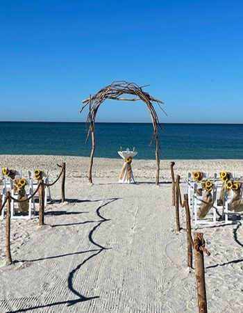 Natural Wood Branch Wedding Arch for Florida Beach Wedding | Sunflower and Burlap Wedding Decor | Fall Beach Wedding Trends